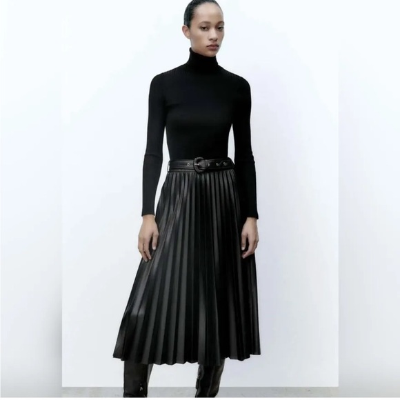 Zara Dresses & Skirts - NEW ZARA  PLEATED FAUX
LEATHER MIDI SKIRT BLACK.🖤